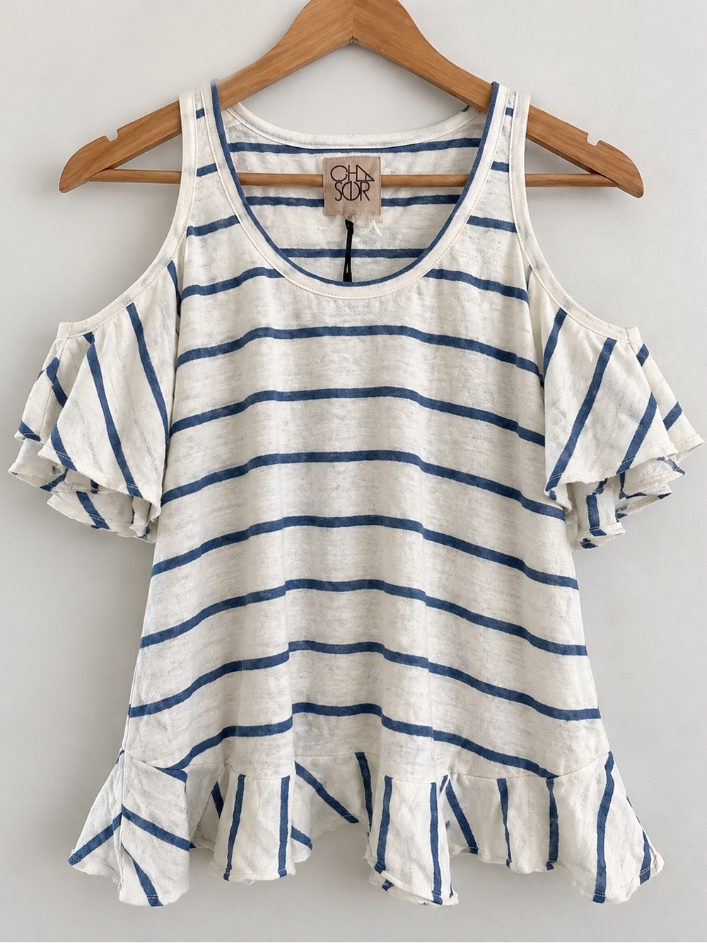 Cold-Shoulder Striped Ruffle Top - Blue/White, size medium